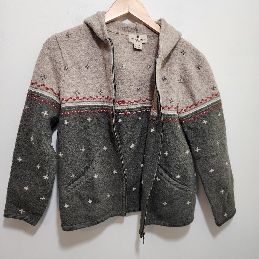 Vintage Woolrich 100% wool zip front embroidered hooded sweater woman's size Med - Picture 6 of 11